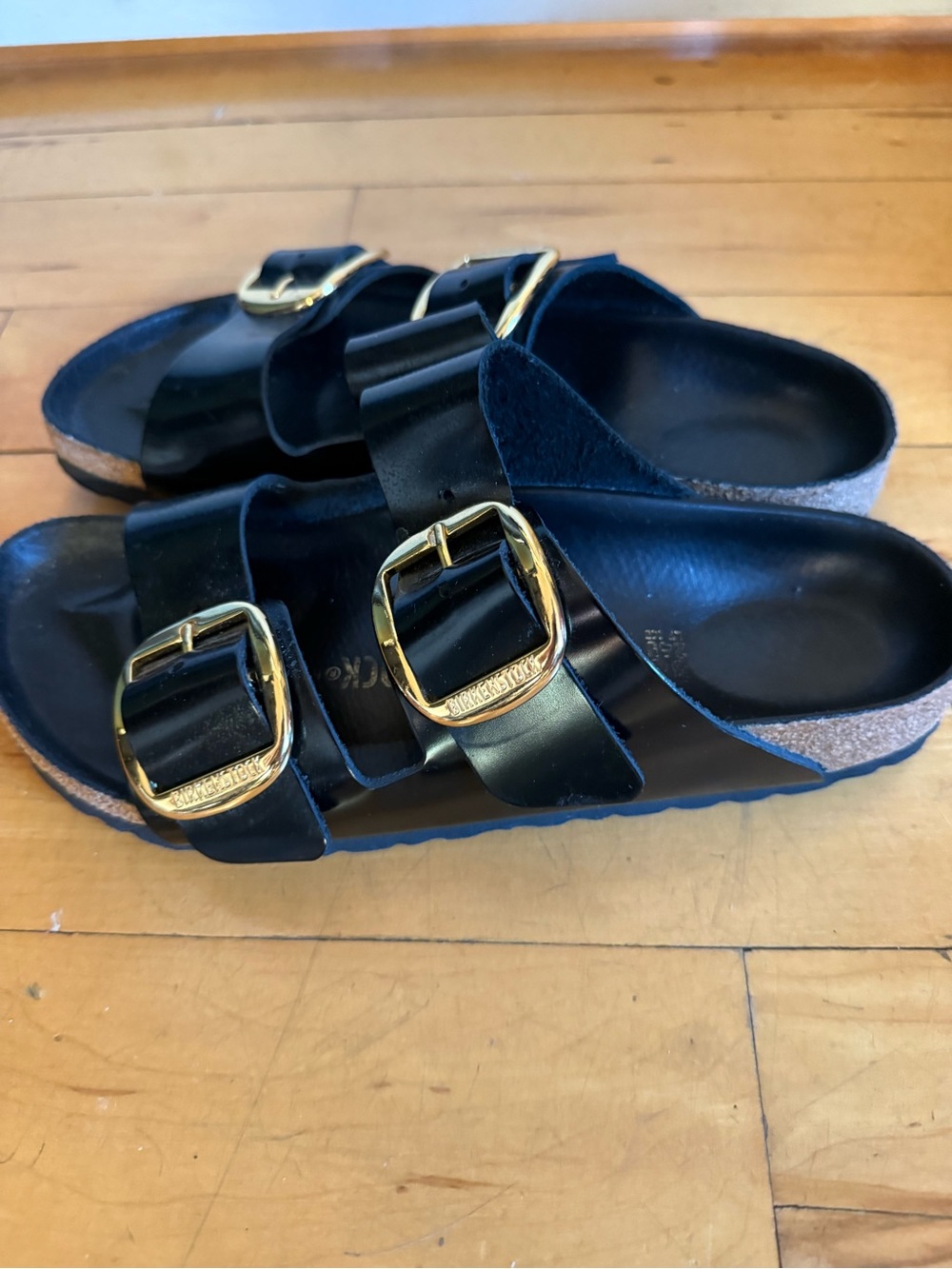 Birkenstock Arizona Big Buckle Black Leather Gold Sandals